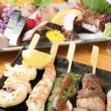 まつりやのおすすめコース 旬の海鮮お造り5種に串焼き5種、揚げ…